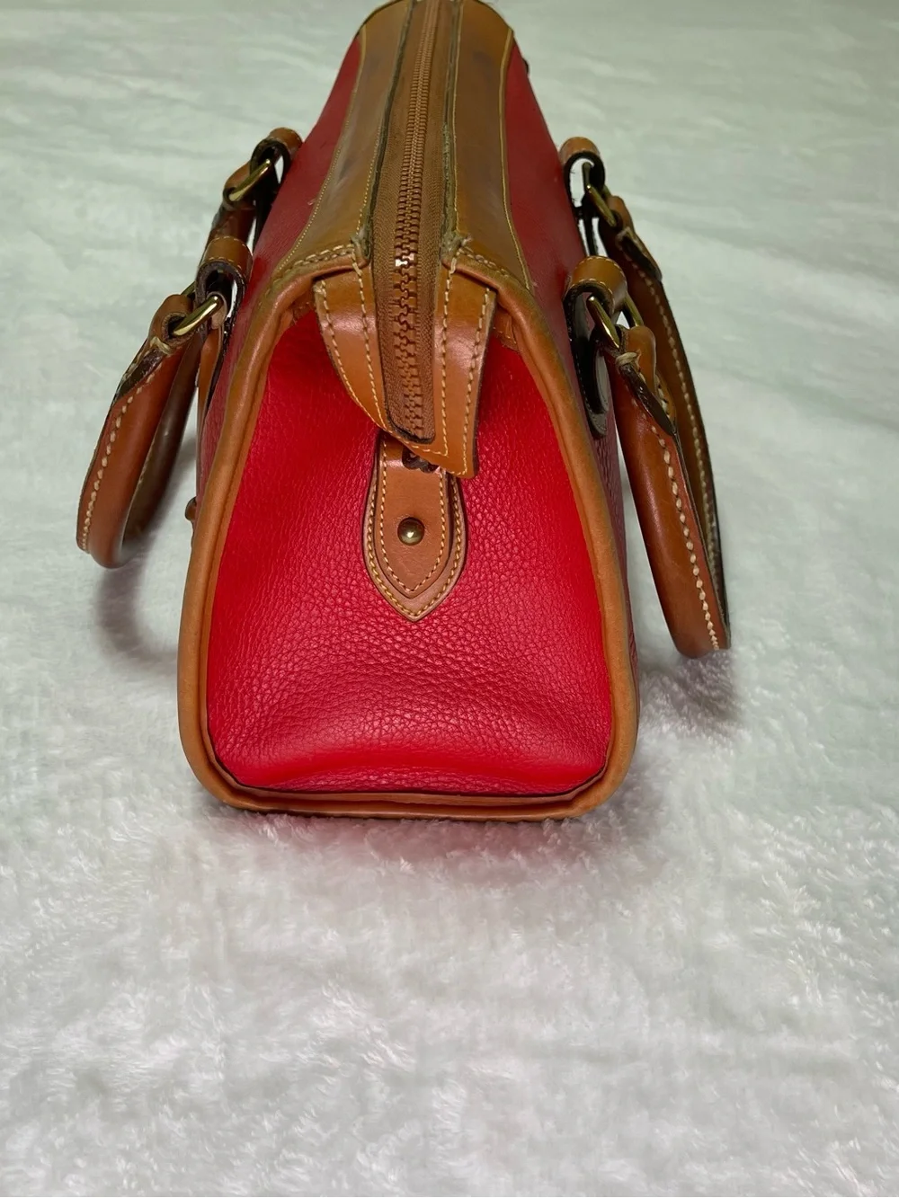 Dooney & Bourke Trio Red Leather Satchel, Wallet, Keychain Vintage Tan Trim FLAW